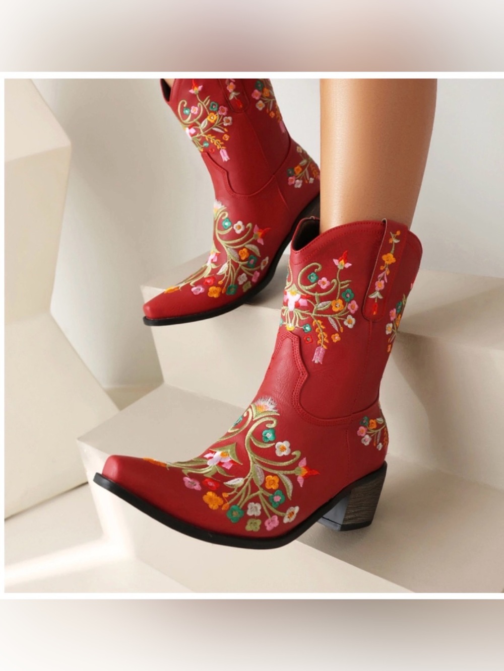 Women's Red Embroidered Vegan Leather Western Cowboy Boots